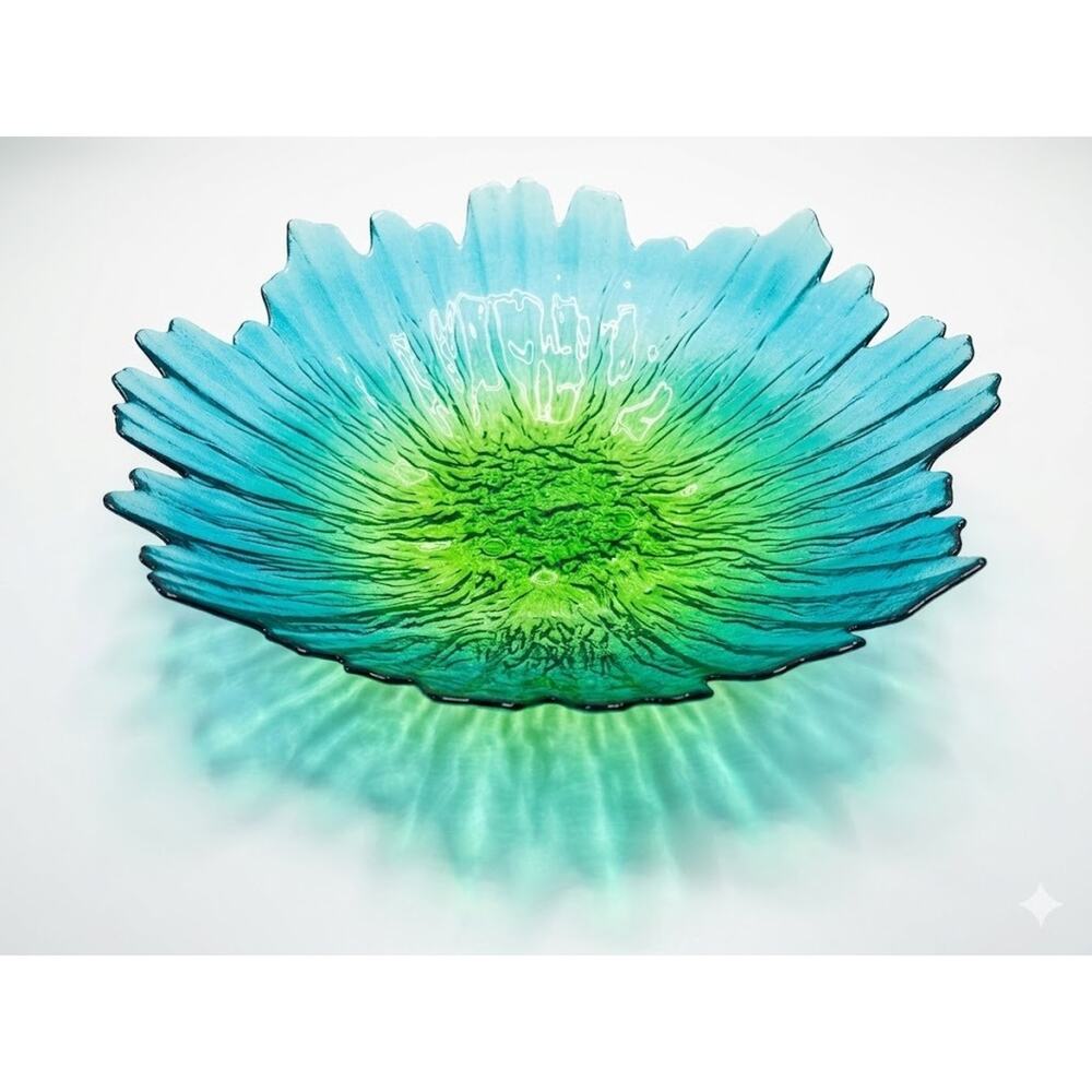 Vintage 1970s Spanish Art Glass Sunflower Bowl Teal & Lime Ombré Sunburst Spain